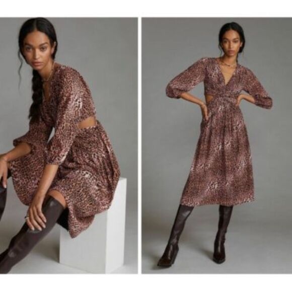 Anthropologie Ranna Gill Leopard Print Cut-out Midi Dress SZ L NWT - Picture 1 of 9
